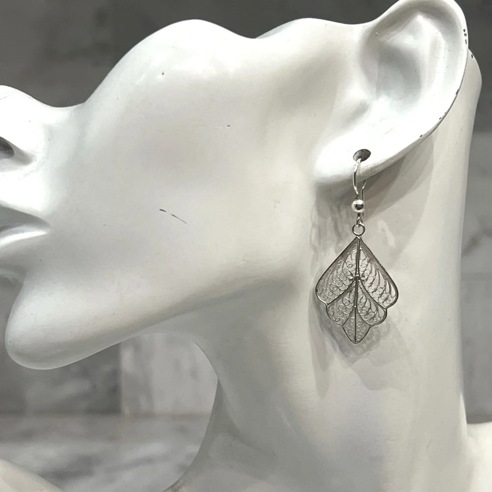 Sterling Silver Filigree Dangle Leaf Earrings - Picture 2 of 9